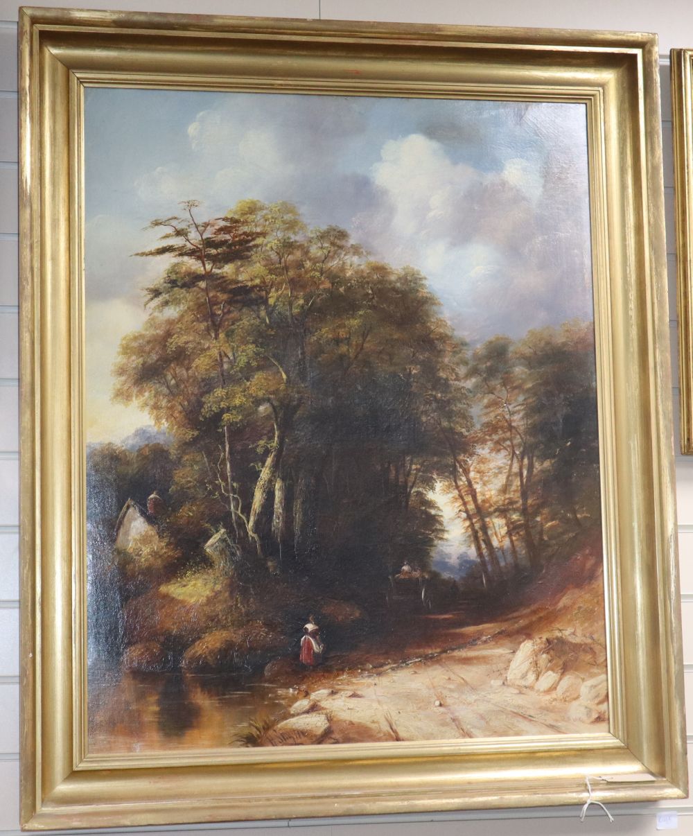 H* Smyth (19th century), oil on canvas, Figures and a horse and cart in a country lane, signed, 90cm x 72cm